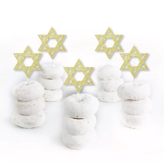 Gold Glitter Star of David Gold Glitter Dessert Cupcake Toppers Hanukkah Clear Treat Picks -Set of 24