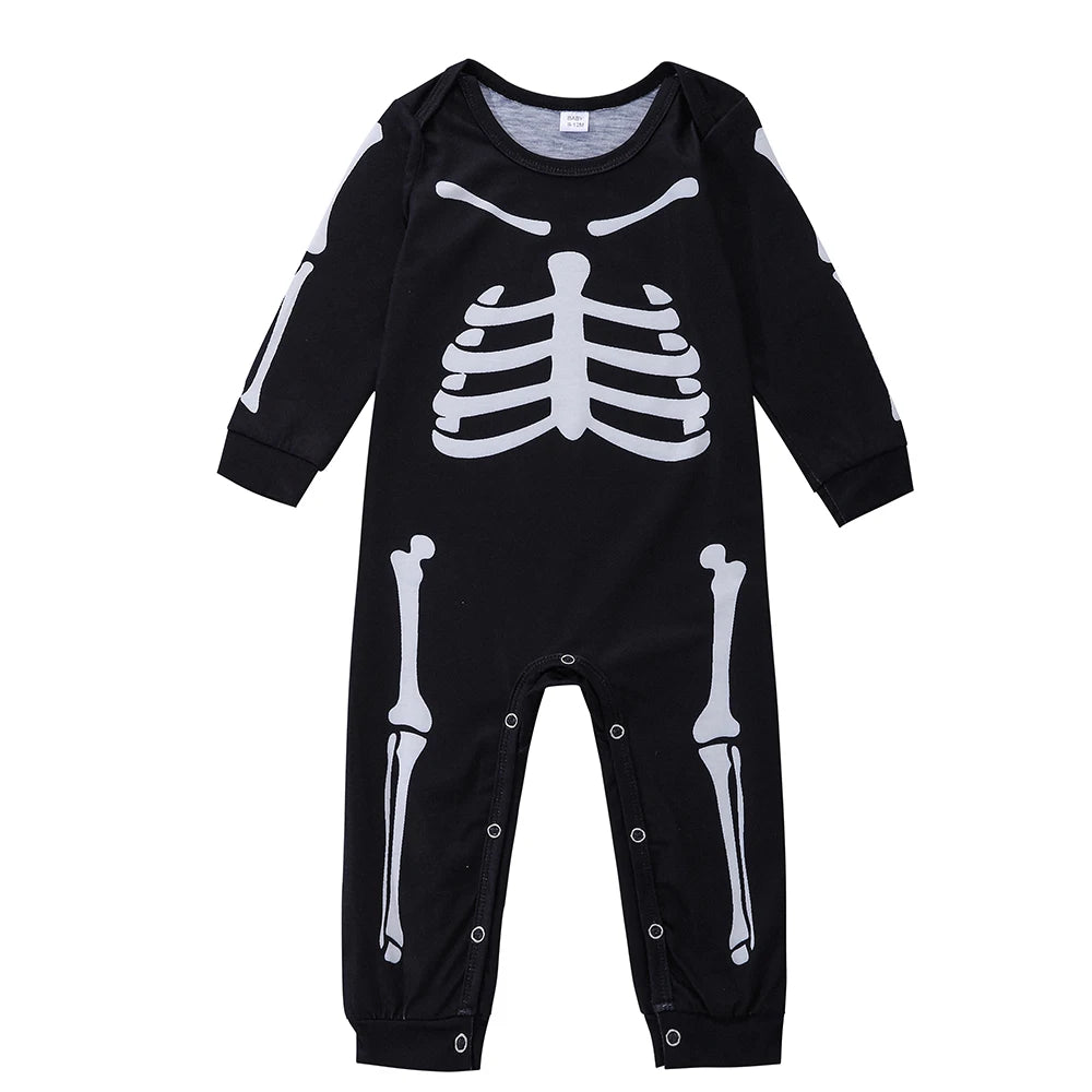 Halloween Scary Skeleton Costume for Adult Kids Family Horror Skull Jumpsuit Carnival Party Hodded Halloween Parent-Child Pajama