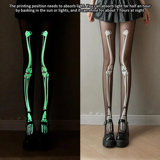 Halloween Skeleton Women Pantyhose Ghost Leg Print Glow at Night Stockings Luminous Thin Mesh Terrifying Cosplay Skull Thighs