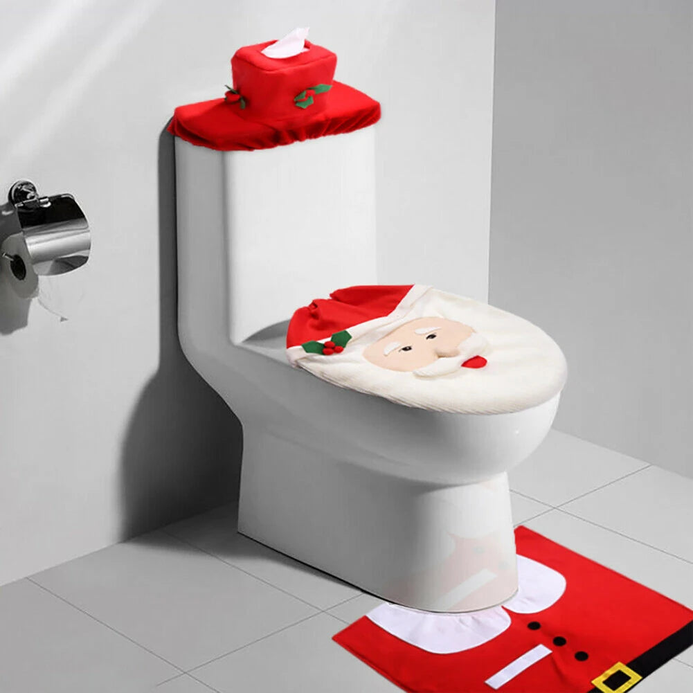 3Pcs Christmas Toilet Seat Cover Decorative Carpet Set Bathroom Cartoon Cute Santa Claus Pattern Toilet Lid Cover Xmas Supplies