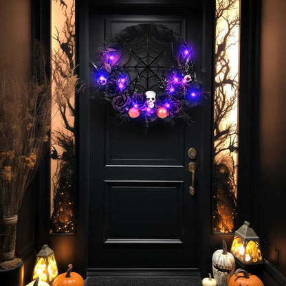 Halloween Wreath With Led Lights Scary Halloween Rose Skull Web Wreath Horror Party Decor For Front Door Walls Fireplace Window