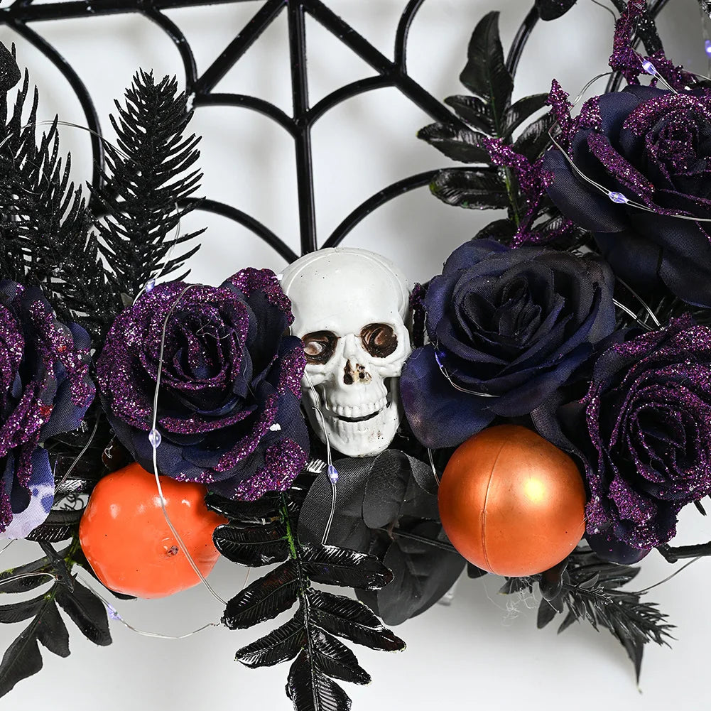 Halloween Wreath With Led Lights Scary Halloween Rose Skull Web Wreath Horror Party Decor For Front Door Walls Fireplace Window