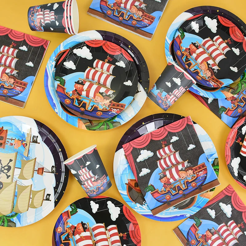 Pirate Ship Theme Sets Birthday Decorations Halloween Party Disposable Tableware Paper Napkins Cups Plates Tablecloths Supplies