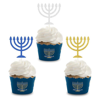 Gold Glitter Star of David Gold Glitter Dessert Cupcake Toppers Hanukkah Clear Treat Picks -Set of 24