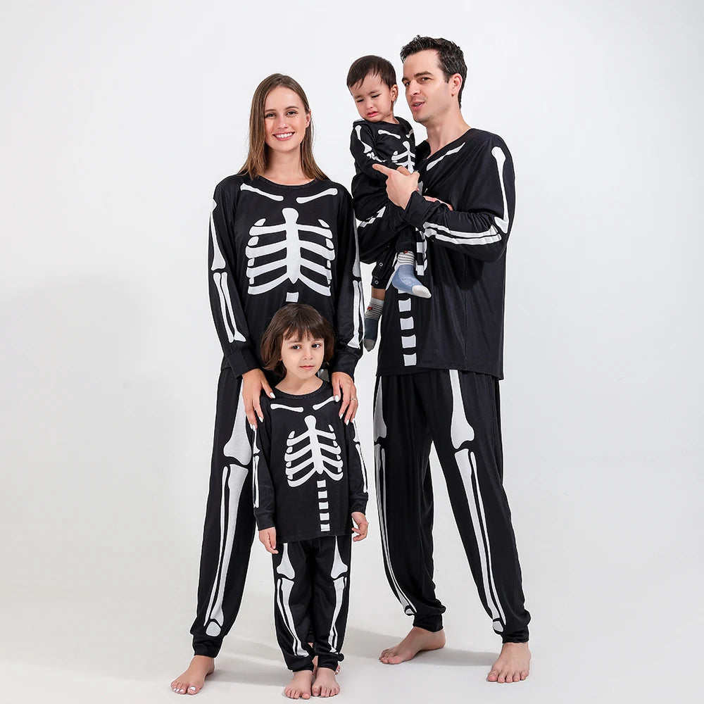 Halloween Scary Skeleton Costume for Adult Kids Family Horror Skull Jumpsuit Carnival Party Hodded Halloween Parent-Child Pajama