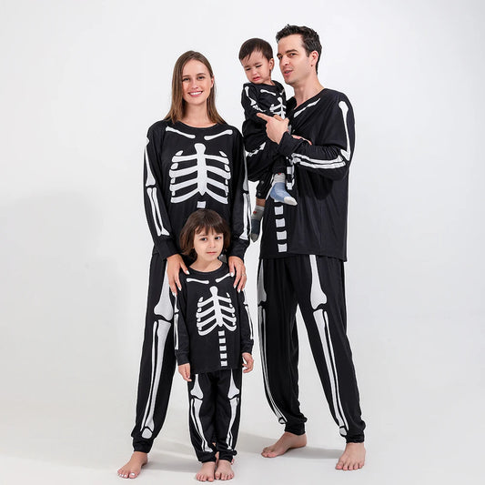 Halloween Scary Skeleton Costume for Adult Kids Family Horror Skull Jumpsuit Carnival Party Hodded Halloween Parent-Child Pajama