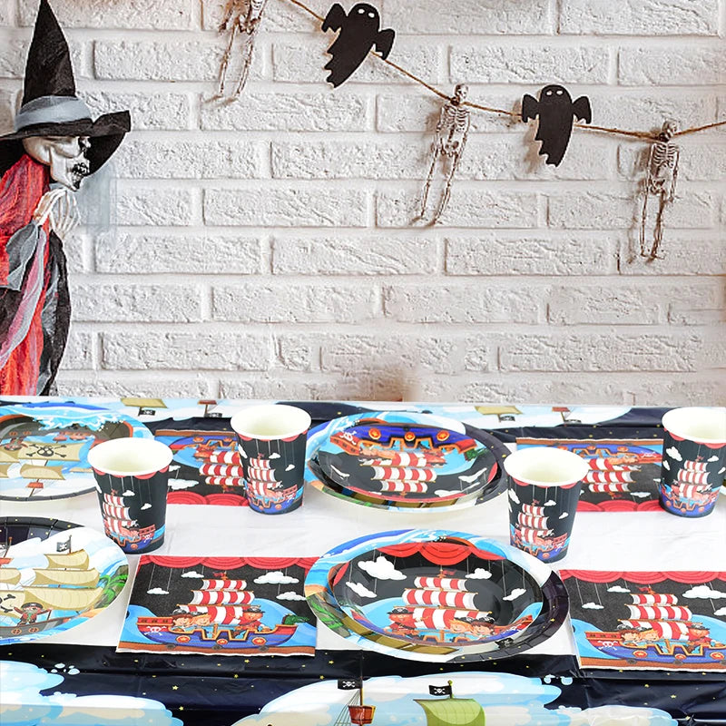 Pirate Ship Theme Sets Birthday Decorations Halloween Party Disposable Tableware Paper Napkins Cups Plates Tablecloths Supplies