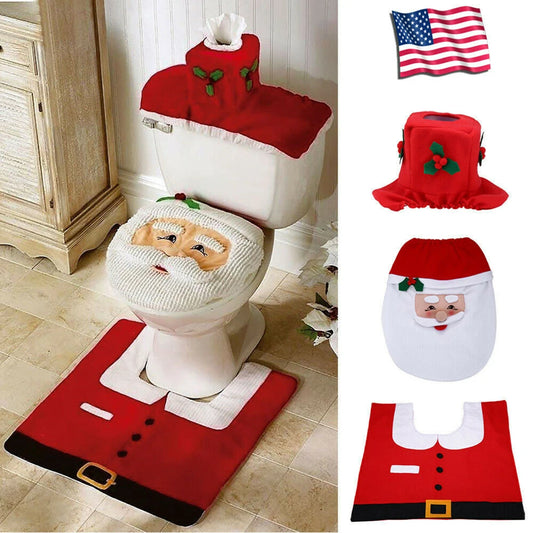 3Pcs Christmas Toilet Seat Cover Decorative Carpet Set Bathroom Cartoon Cute Santa Claus Pattern Toilet Lid Cover Xmas Supplies