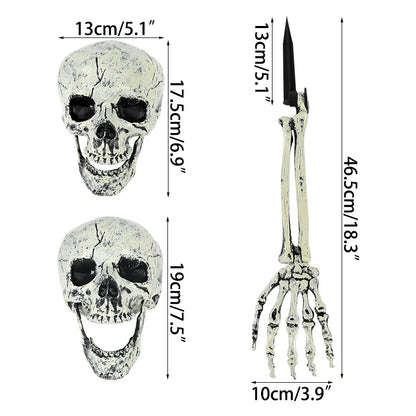 Halloween Realistic Skull Skeleton Head Human Hand Arms for Halloween Party Home Garden Lawn Decor Haunted House Horror Props