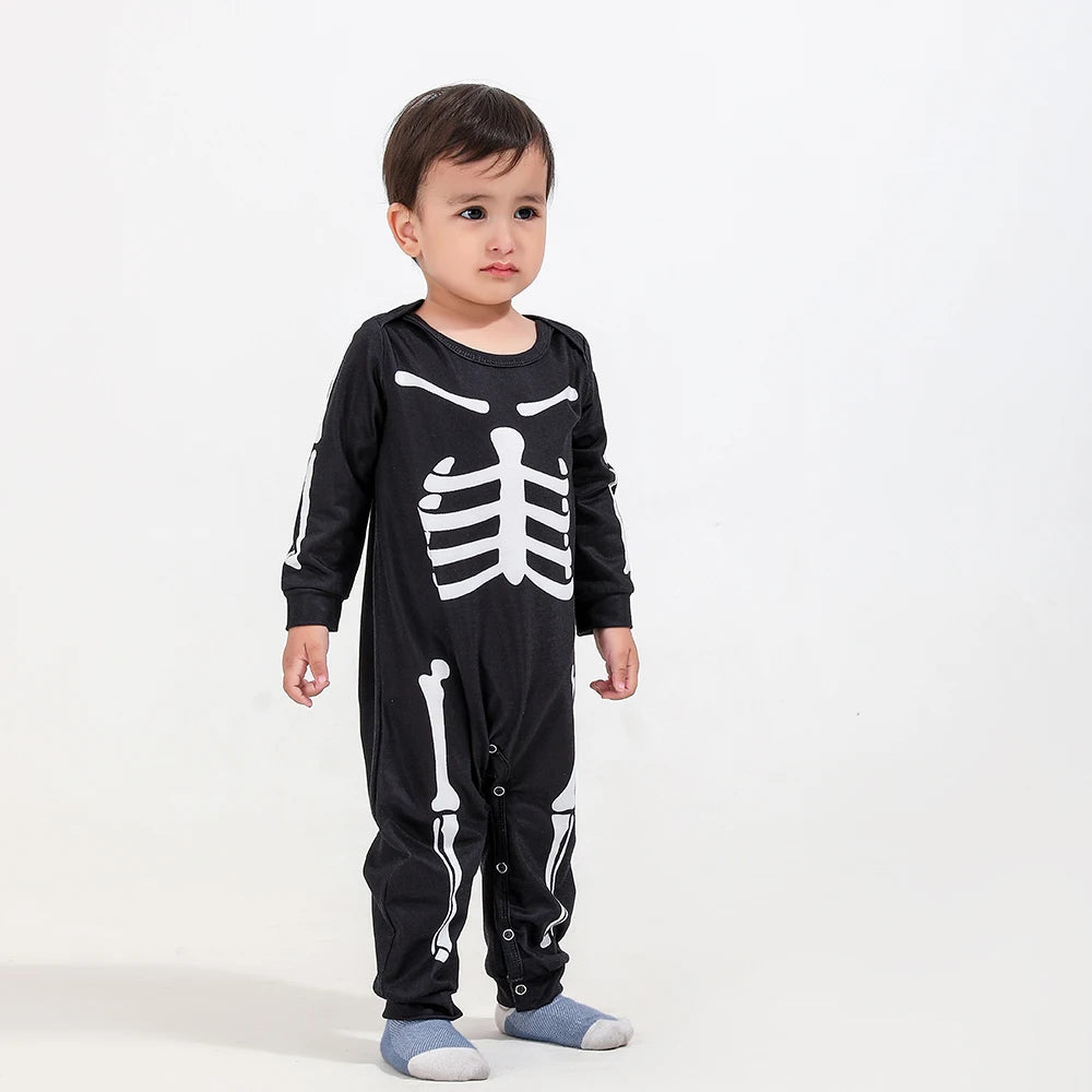 Halloween Scary Skeleton Costume for Adult Kids Family Horror Skull Jumpsuit Carnival Party Hodded Halloween Parent-Child Pajama