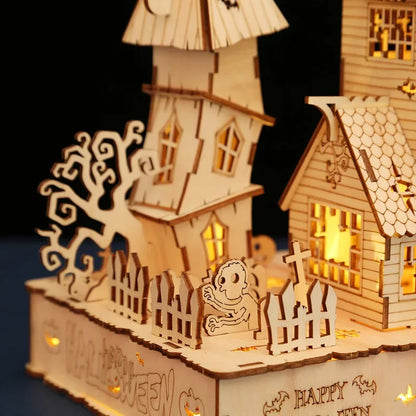 3D Wooden Puzzle Halloween Haunted House Ghost Tree Light DIY Building Model Kit Craft Toy