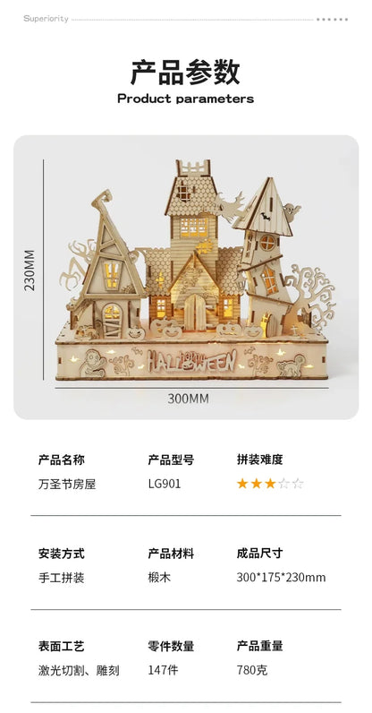 3D Wooden Puzzle Halloween Haunted House Ghost Tree Light DIY Building Model Kit Craft Toy