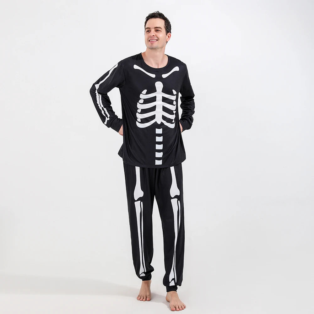 Halloween Scary Skeleton Costume for Adult Kids Family Horror Skull Jumpsuit Carnival Party Hodded Halloween Parent-Child Pajama