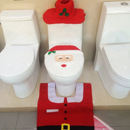 3Pcs Christmas Toilet Seat Cover Decorative Carpet Set Bathroom Cartoon Cute Santa Claus Pattern Toilet Lid Cover Xmas Supplies