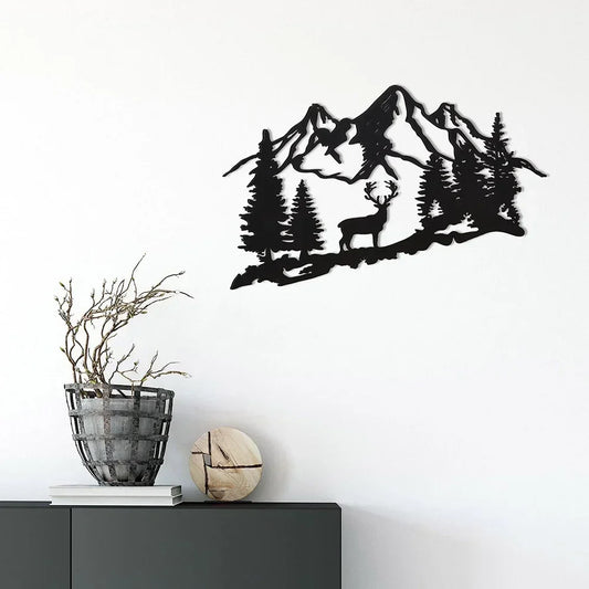 Deer & Tree Metal Wall Decor for Home Decor Iron Art Silhouette 1pc Modern Black Stunning Animal Mountain Plaque Signs