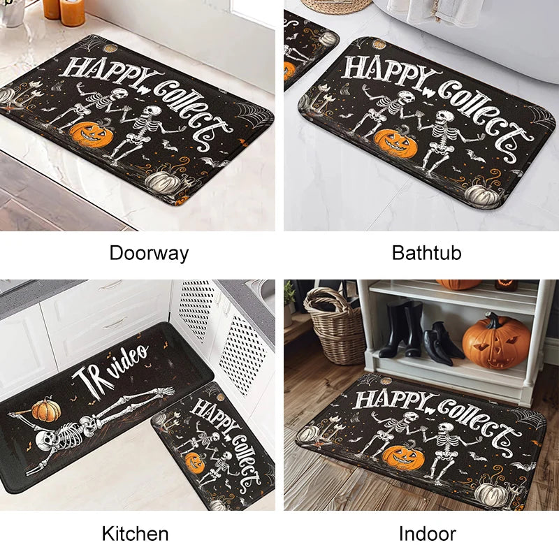 Halloween Bath Mat, Skeleton Pumpkin Quick Dry Door Mat Super Absorbent And Washable Floor Mat Non-slip Kitchen Mat