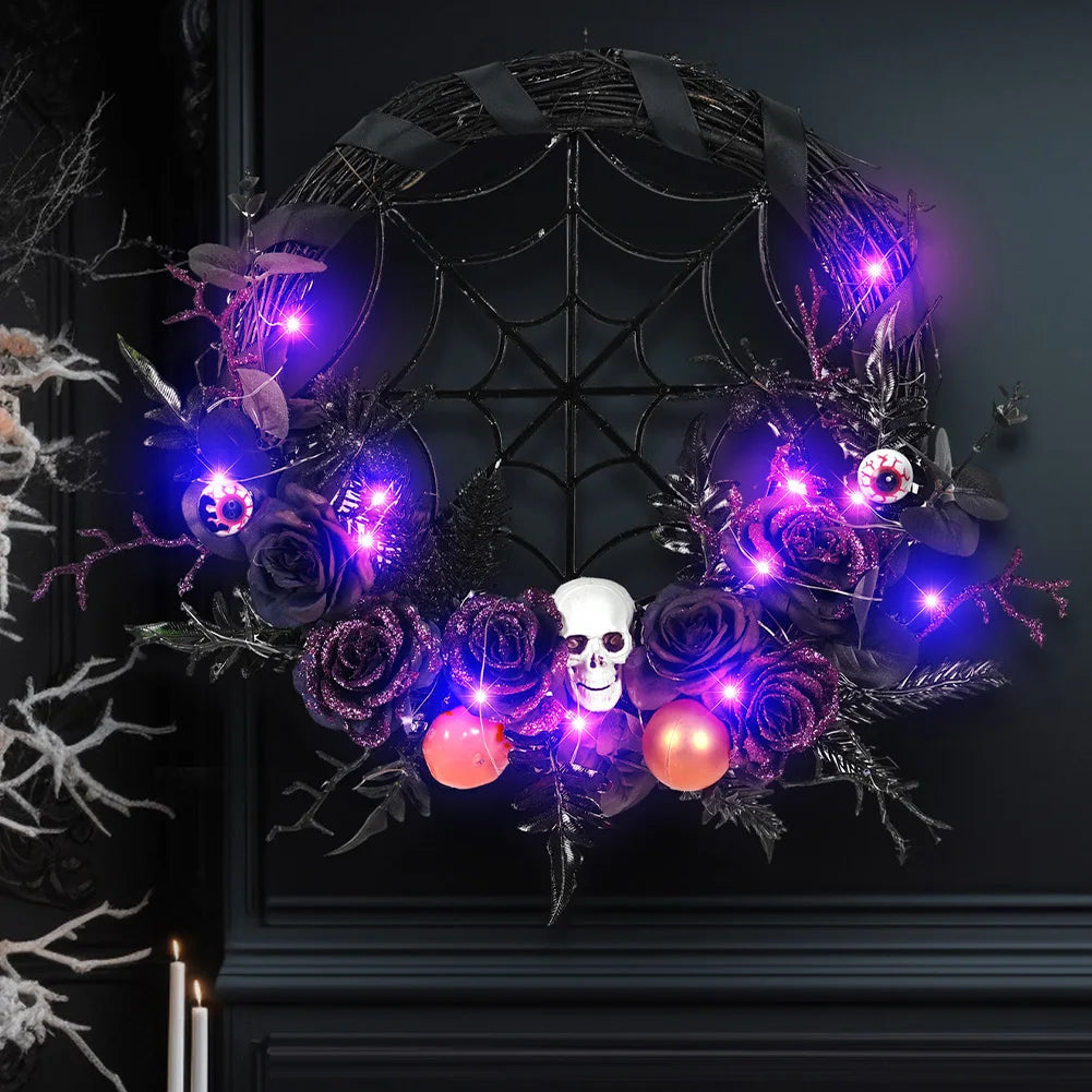 Halloween Wreath With Led Lights Scary Halloween Rose Skull Web Wreath Horror Party Decor For Front Door Walls Fireplace Window