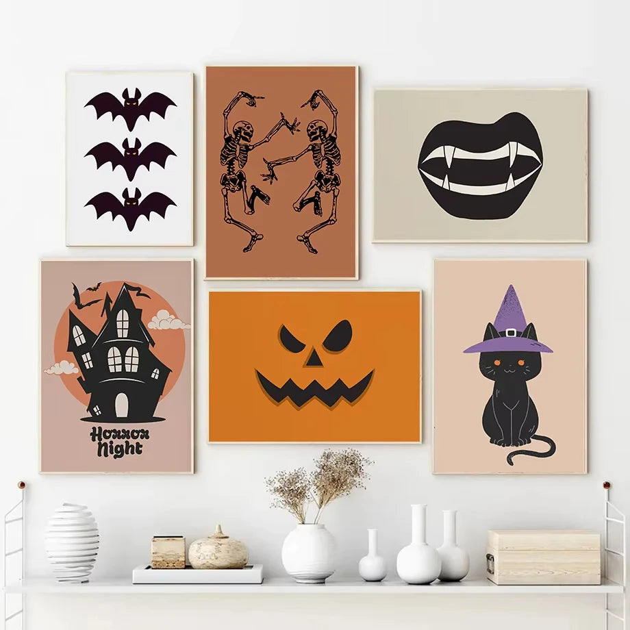 Romantic Halloween Gallery Ghost Scary Pumpkin Drinking Skull Artwork Poster Canvas Paintings Wall Art Pictures Home Decor