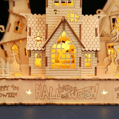 3D Wooden Puzzle Halloween Haunted House Ghost Tree Light DIY Building Model Kit Craft Toy