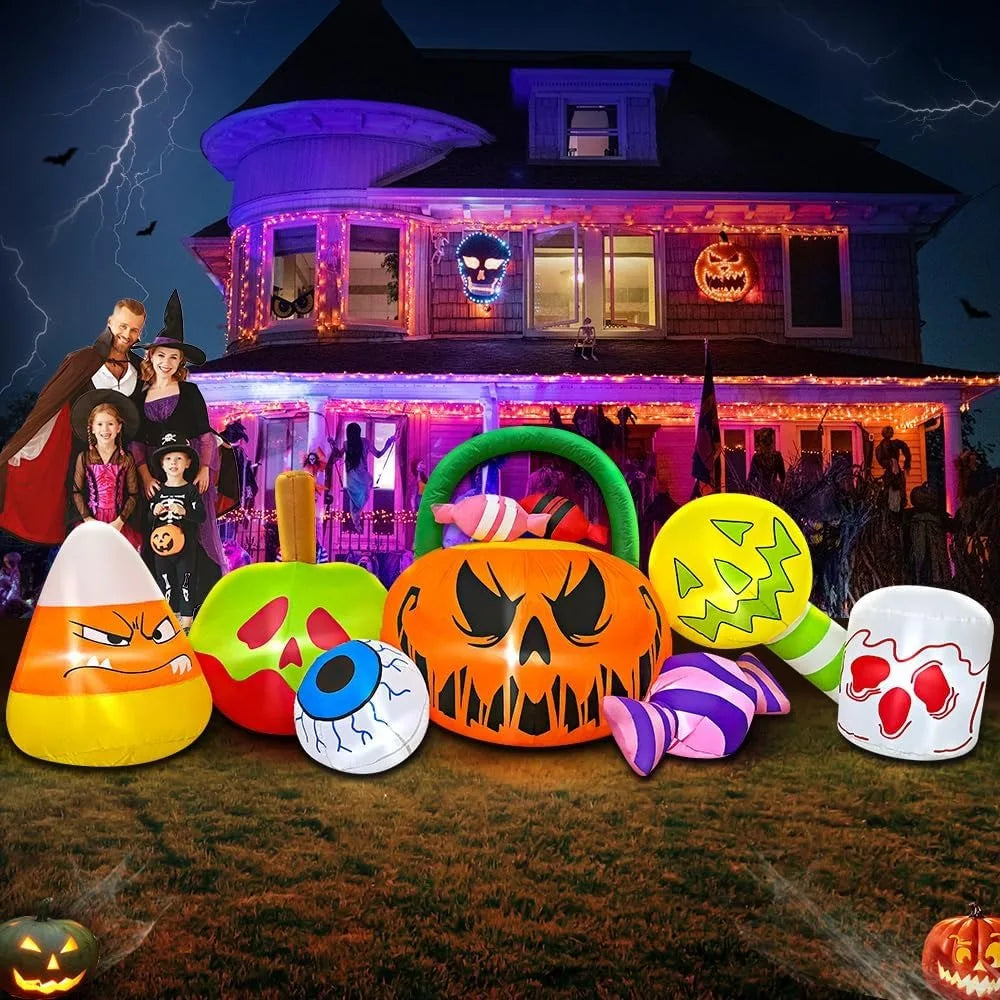 Halloween Inflatable Pumpkin Decoration, Candy Eyeball Combination, LED Light, Outdoor Decoration, 10 Foot