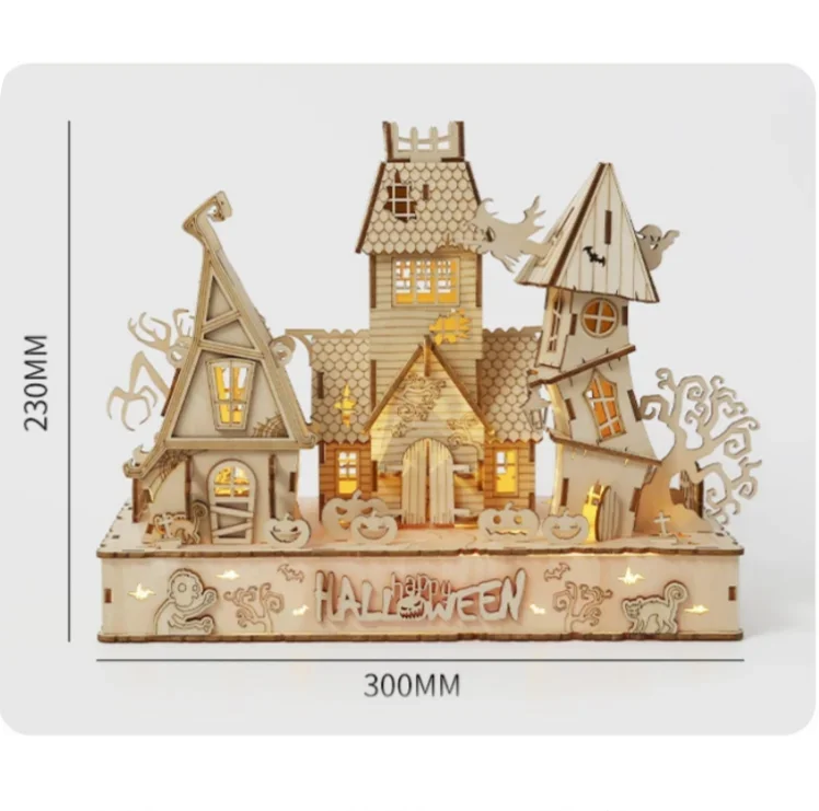 3D Wooden Puzzle Halloween Haunted House Ghost Tree Light DIY Building Model Kit Craft Toy