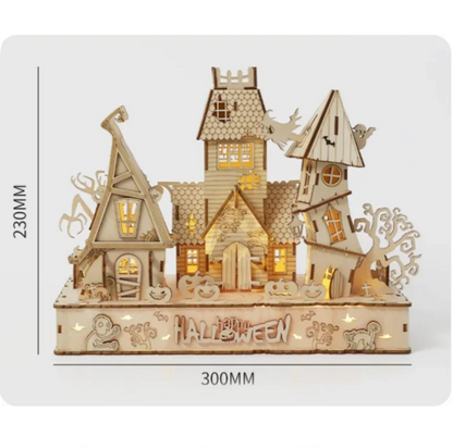 3D Wooden Puzzle Halloween Haunted House Ghost Tree Light DIY Building Model Kit Craft Toy