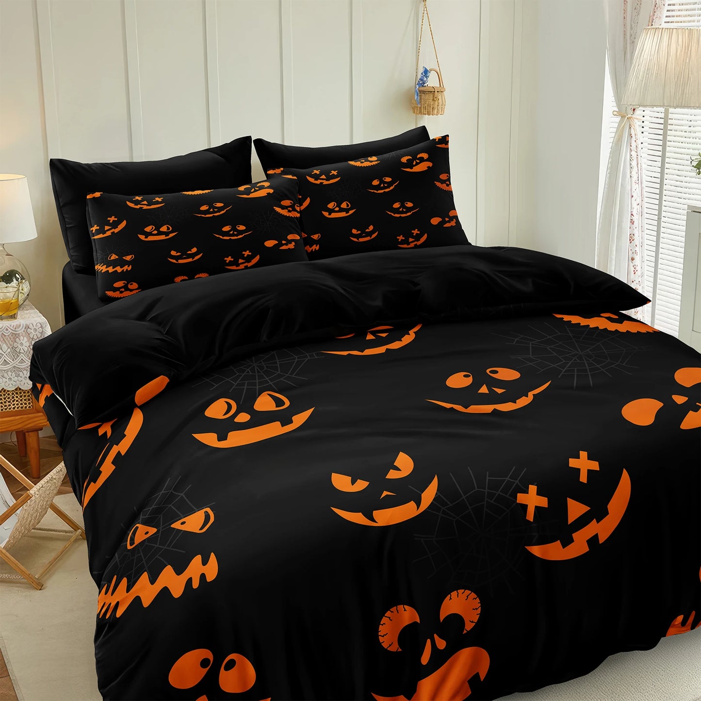 Halloween Duvet Cover Set Pumpkin Expression Comforter Cover Pumpkin Bedding Set 3PCS Microfiber Ghost Quilt Cover NO Comforter