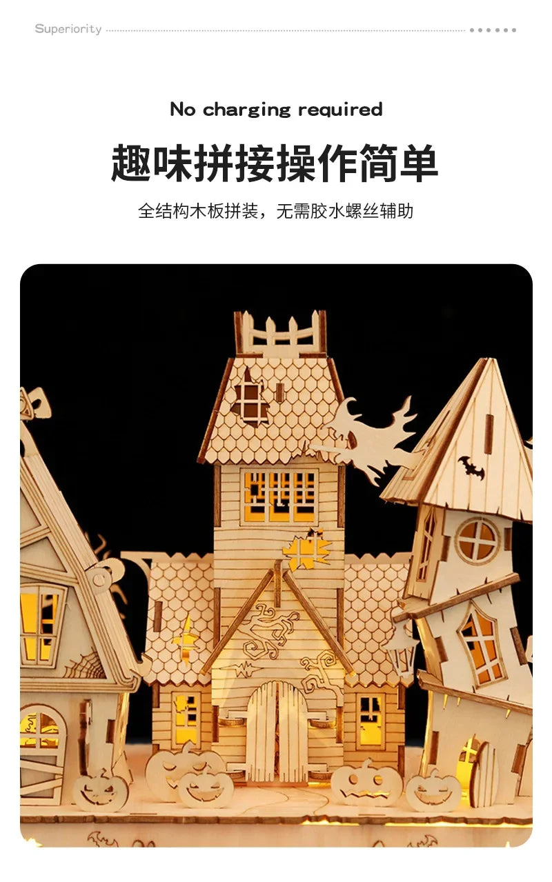 3D Wooden Puzzle Halloween Haunted House Ghost Tree Light DIY Building Model Kit Craft Toy