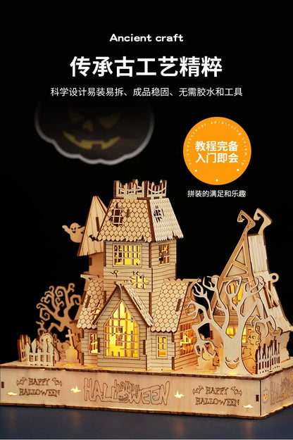 3D Wooden Puzzle Halloween Haunted House Ghost Tree Light DIY Building Model Kit Craft Toy