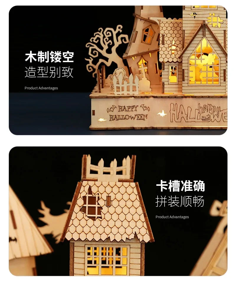 3D Wooden Puzzle Halloween Haunted House Ghost Tree Light DIY Building Model Kit Craft Toy