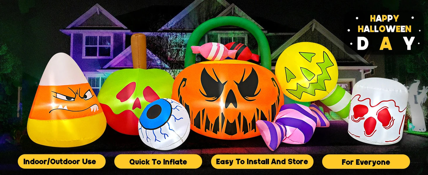 Halloween Inflatable Pumpkin Decoration, Candy Eyeball Combination, LED Light, Outdoor Decoration, 10 Foot