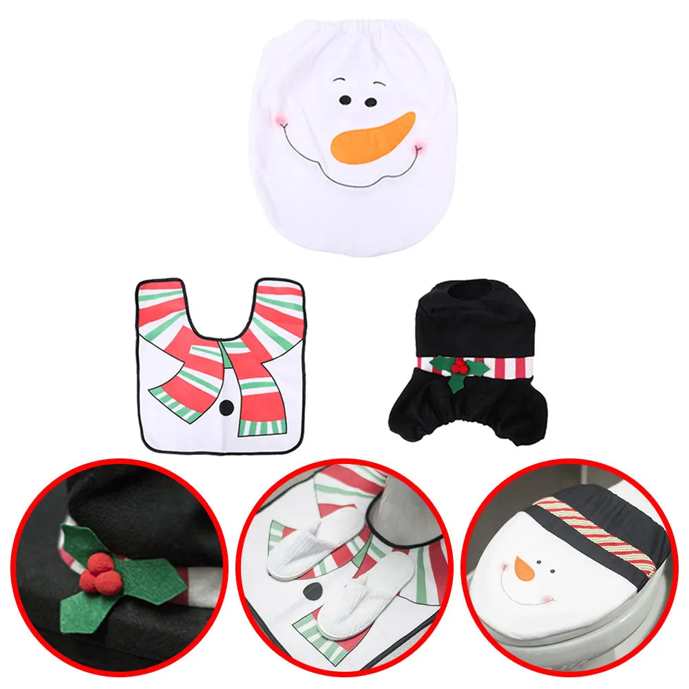 3Pcs Christmas Toilet Seat Cover Decorative Carpet Set Bathroom Cartoon Cute Santa Claus Pattern Toilet Lid Cover Xmas Supplies