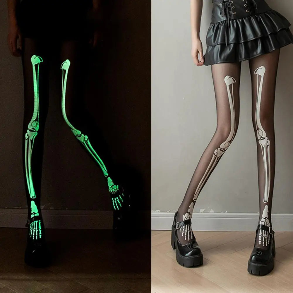 Halloween Skeleton Women Pantyhose Ghost Leg Print Glow at Night Stockings Luminous Thin Mesh Terrifying Cosplay Skull Thighs