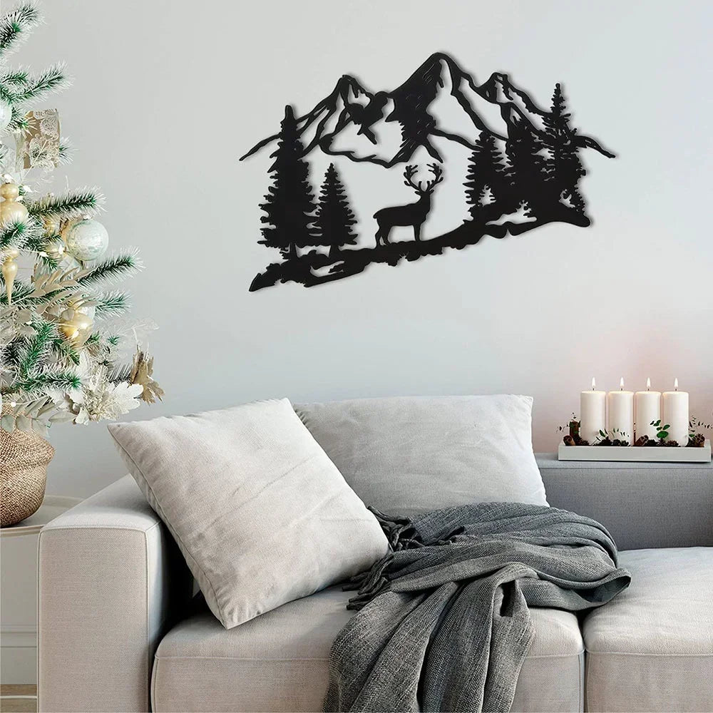 Deer & Tree Metal Wall Decor for Home Decor Iron Art Silhouette 1pc Modern Black Stunning Animal Mountain Plaque Signs