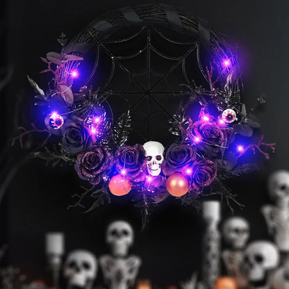 Halloween Wreath With Led Lights Scary Halloween Rose Skull Web Wreath Horror Party Decor For Front Door Walls Fireplace Window