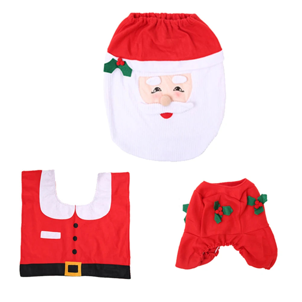 3Pcs Christmas Toilet Seat Cover Decorative Carpet Set Bathroom Cartoon Cute Santa Claus Pattern Toilet Lid Cover Xmas Supplies