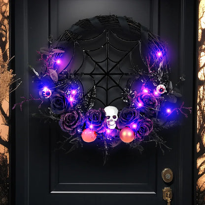 Halloween Wreath With Led Lights Scary Halloween Rose Skull Web Wreath Horror Party Decor For Front Door Walls Fireplace Window