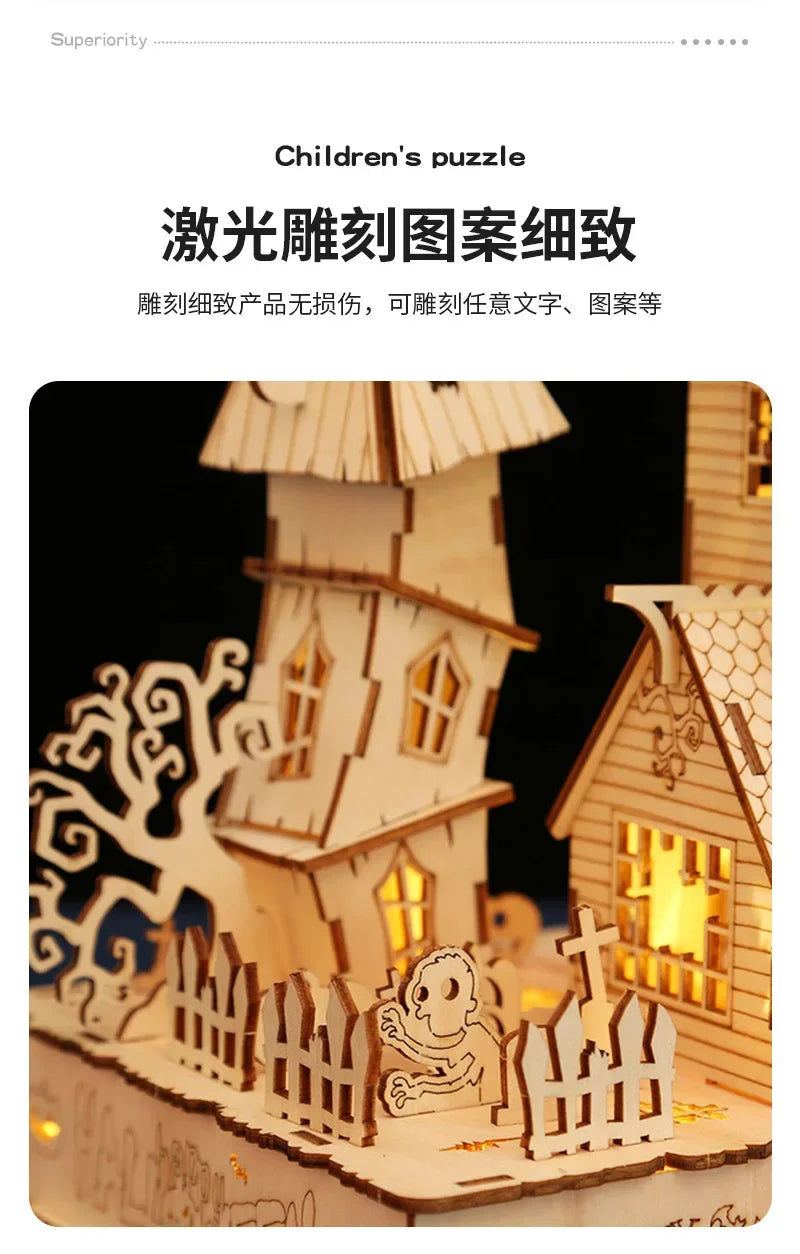 3D Wooden Puzzle Halloween Haunted House Ghost Tree Light DIY Building Model Kit Craft Toy