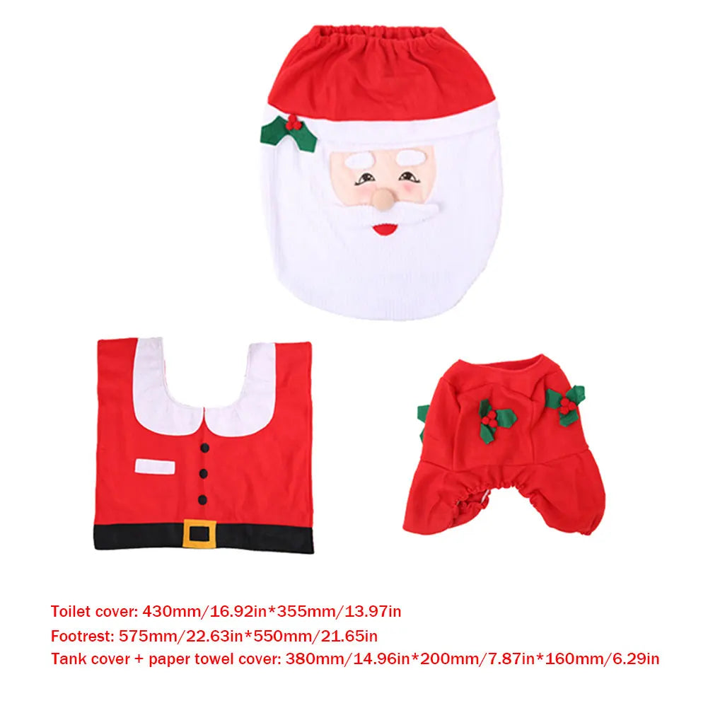 3Pcs Christmas Toilet Seat Cover Decorative Carpet Set Bathroom Cartoon Cute Santa Claus Pattern Toilet Lid Cover Xmas Supplies