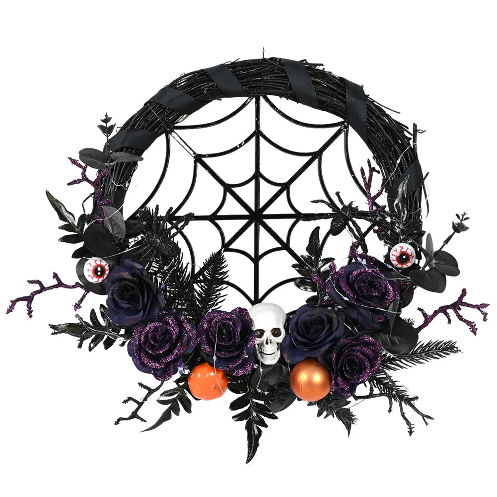 Halloween Wreath With Led Lights Scary Halloween Rose Skull Web Wreath Horror Party Decor For Front Door Walls Fireplace Window