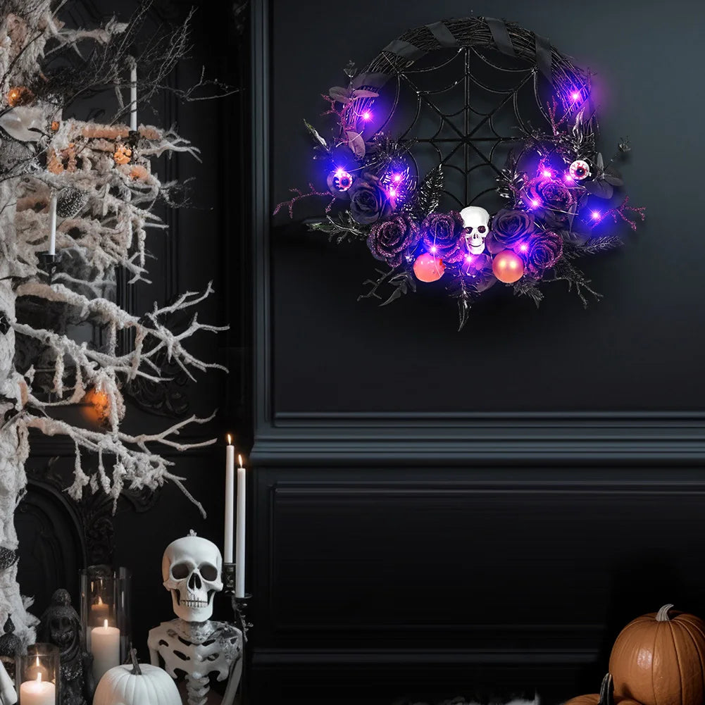 Halloween Wreath With Led Lights Scary Halloween Rose Skull Web Wreath Horror Party Decor For Front Door Walls Fireplace Window