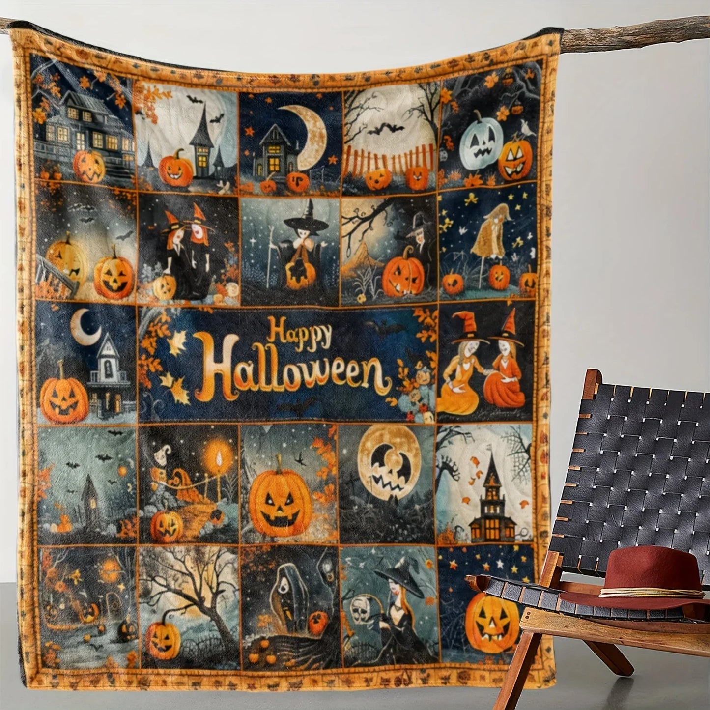 Vintage Halloween Theme Flannel Throw Blanket - Pumpkin Witch Digital Print, All-Season Cozy Soft Knitted Cover