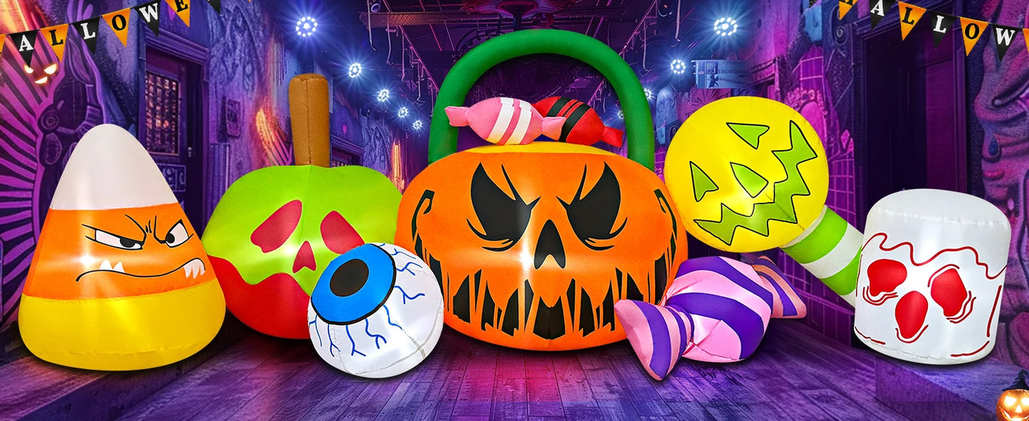 Halloween Inflatable Pumpkin Decoration, Candy Eyeball Combination, LED Light, Outdoor Decoration, 10 Foot