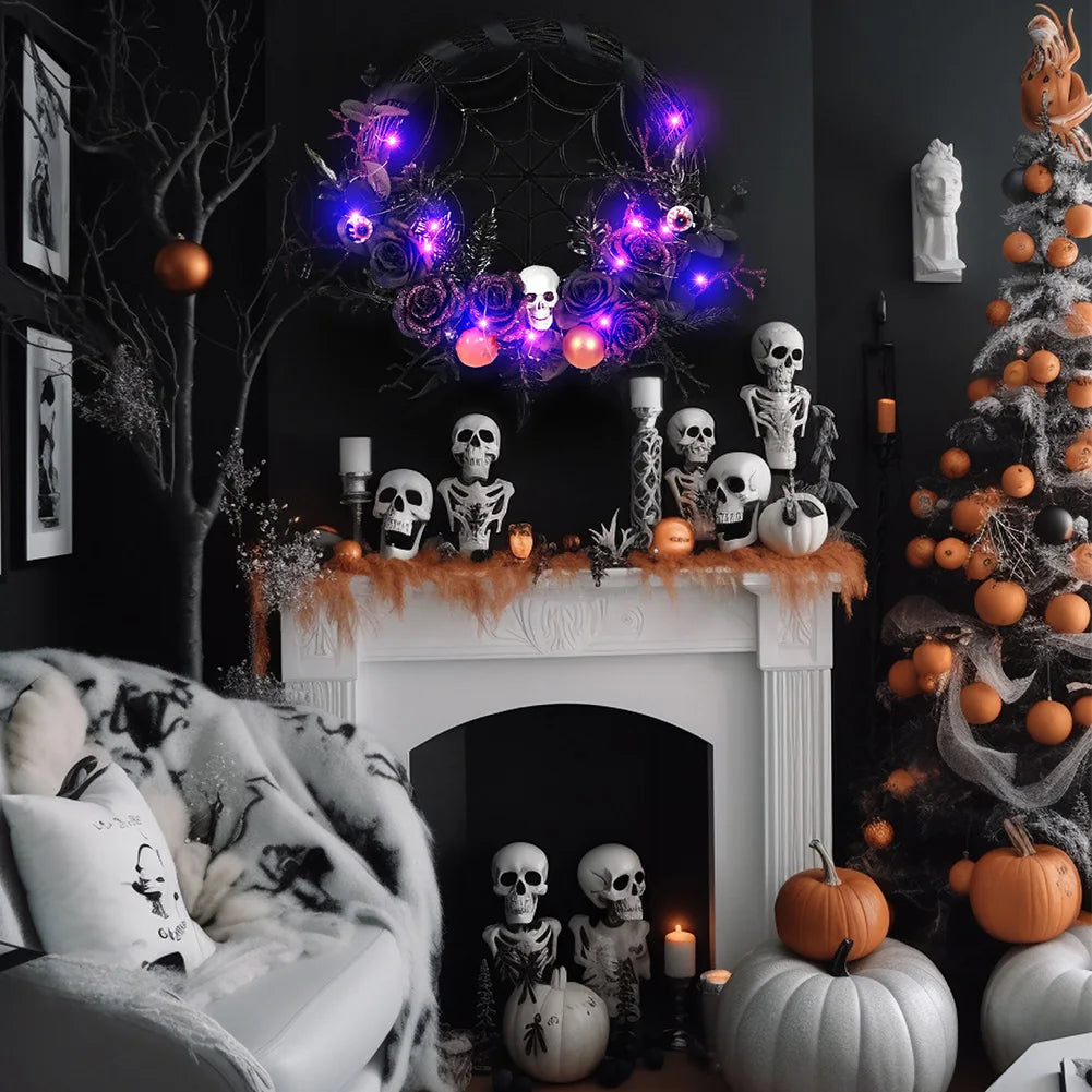 Halloween Wreath With Led Lights Scary Halloween Rose Skull Web Wreath Horror Party Decor For Front Door Walls Fireplace Window