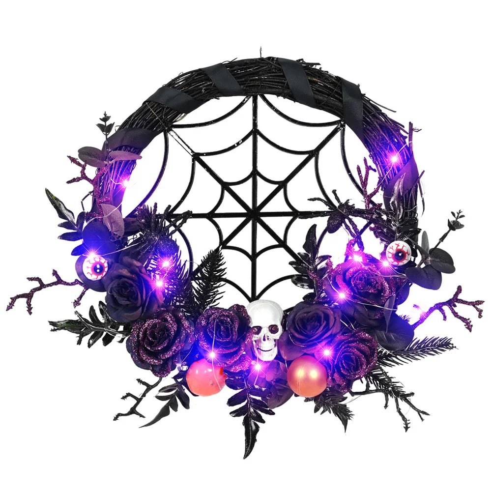 Halloween Wreath With Led Lights Scary Halloween Rose Skull Web Wreath Horror Party Decor For Front Door Walls Fireplace Window