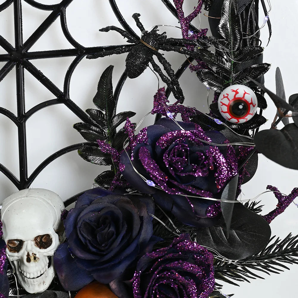 Halloween Wreath With Led Lights Scary Halloween Rose Skull Web Wreath Horror Party Decor For Front Door Walls Fireplace Window