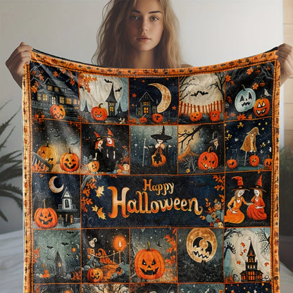 Vintage Halloween Theme Flannel Throw Blanket - Pumpkin Witch Digital Print, All-Season Cozy Soft Knitted Cover